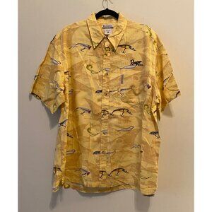 Columbia Mens Yellow Fishing Lure Print Short Sleeve Button-Up Shirt XL